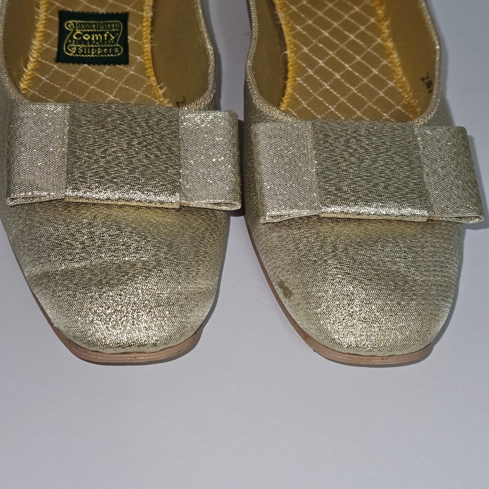 Rare VTG 60s Daniel Green‎ Gold Glitter Slippers Bow Lurex Heels US 7AA Narrow - Picture 8 of 14
